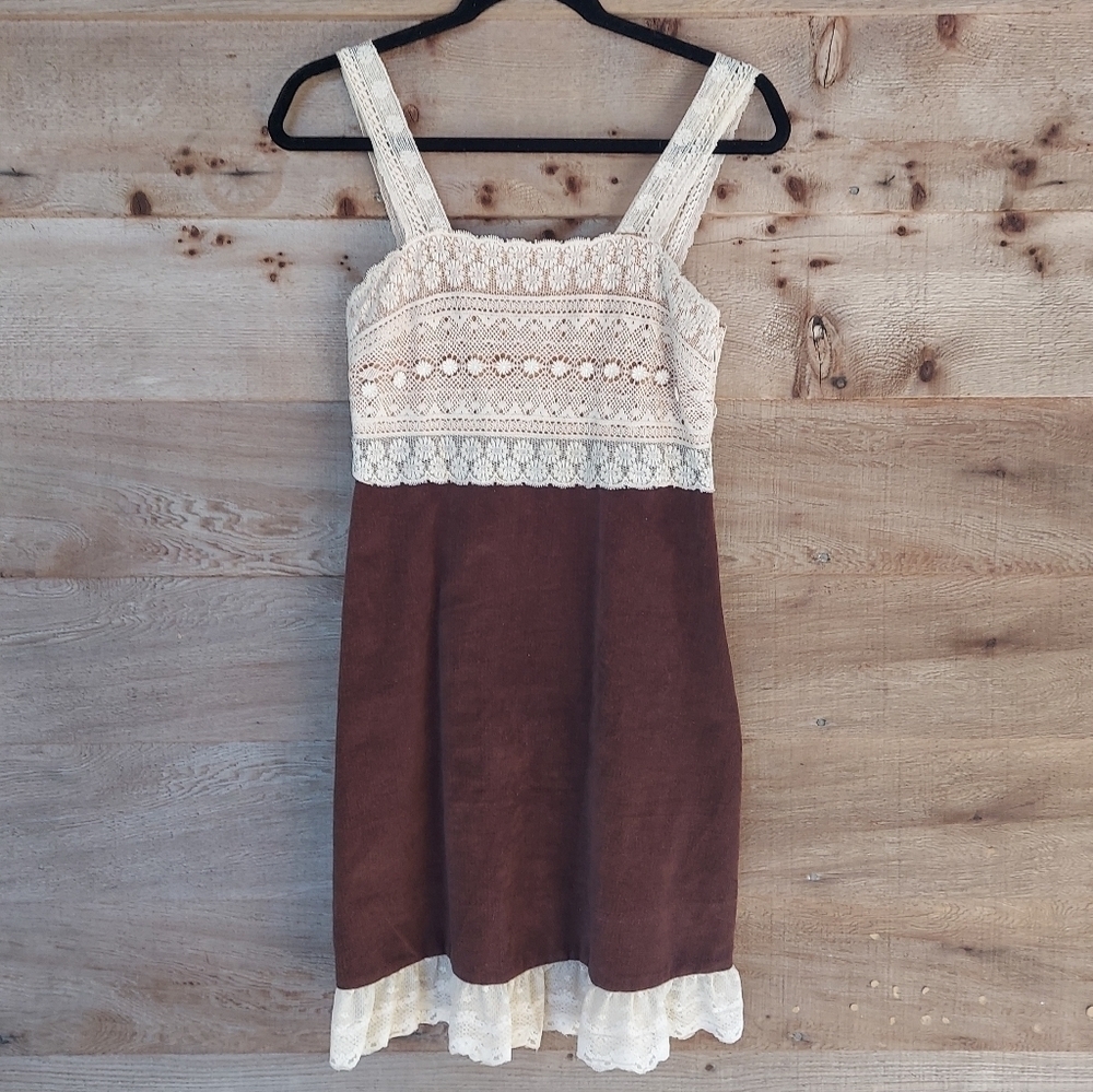 Zehavale Brown Corduroy & Cream Lace Dress Size 2